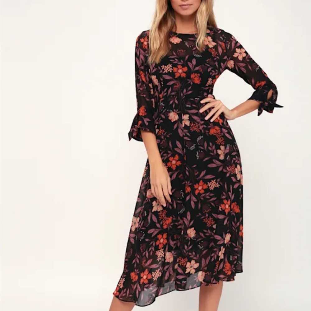 Black Floral print midi Women's Dress